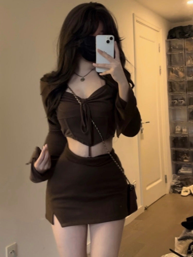 Top Long Sleeve Short Dress Young Wear Brown Two-piece Suit