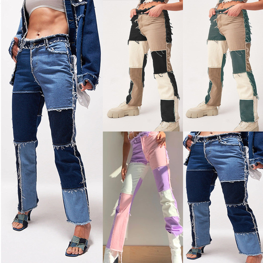 Elastic Stitching Raw Edge Women's Straight-leg Jeans