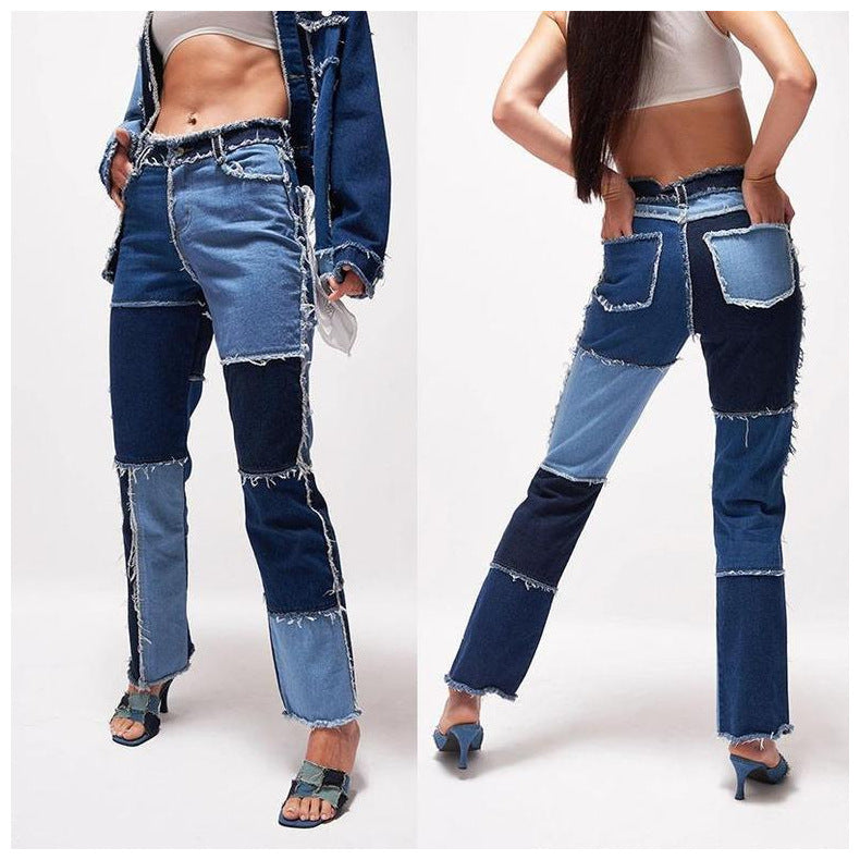 Elastic Stitching Raw Edge Women's Straight-leg Jeans
