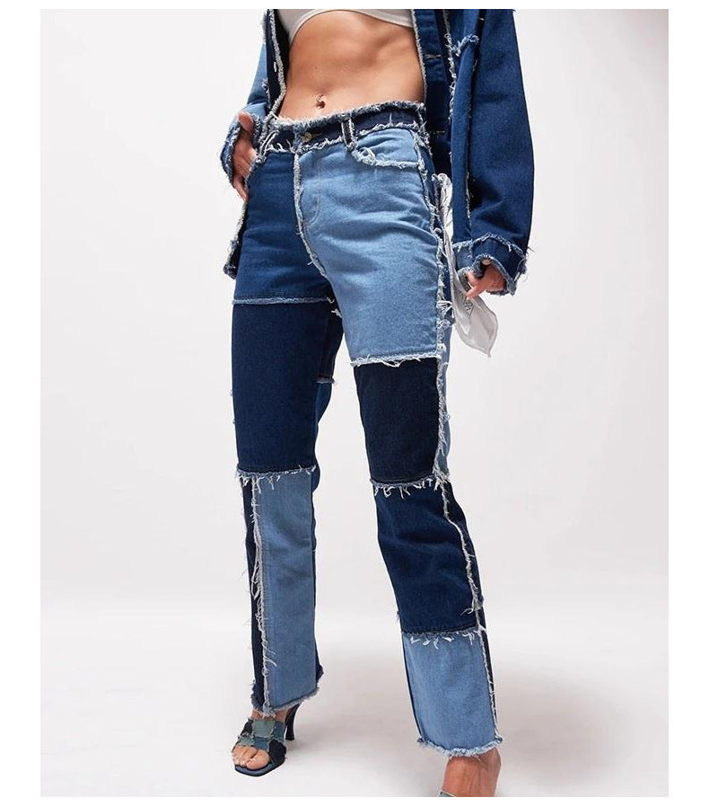 Elastic Stitching Raw Edge Women's Straight-leg Jeans