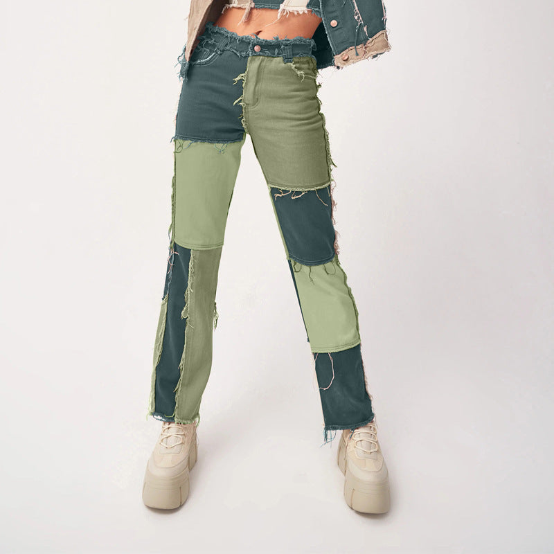 Elastic Stitching Raw Edge Women's Straight-leg Jeans