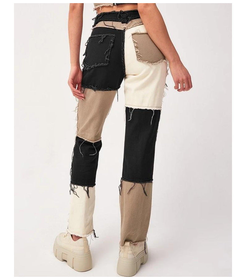 Elastic Stitching Raw Edge Women's Straight-leg Jeans