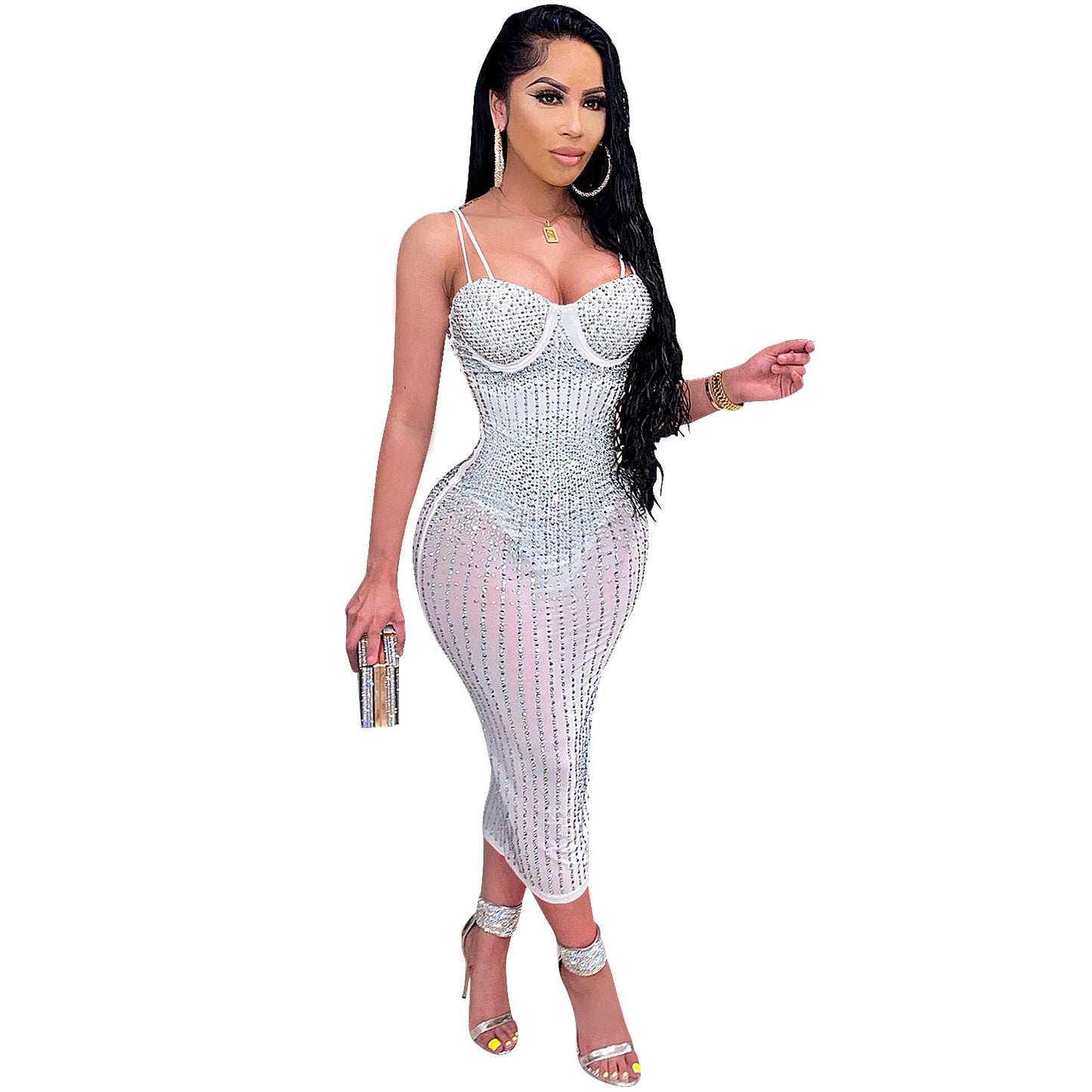 Women's Yarn See-through Rhinestone Strap Dress