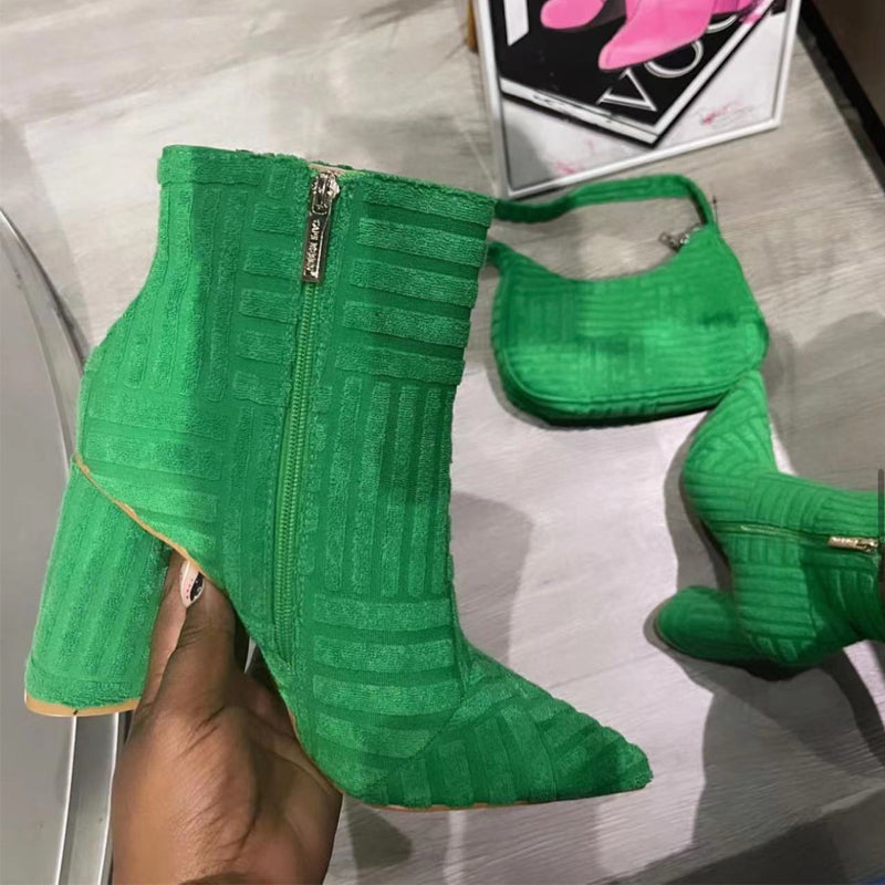 Leisure Chunky Heel Pointed Boots Solid Towels Fabric