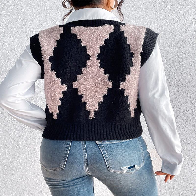 Autumn And Winter Simplicity Color Contrast Patchwork Diamond Lattice Pullover Vest Knitted Wool