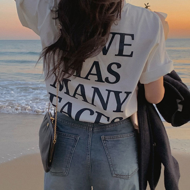 Women's Fashionable Back Letter Print Mid-length Casual Short Sleeve