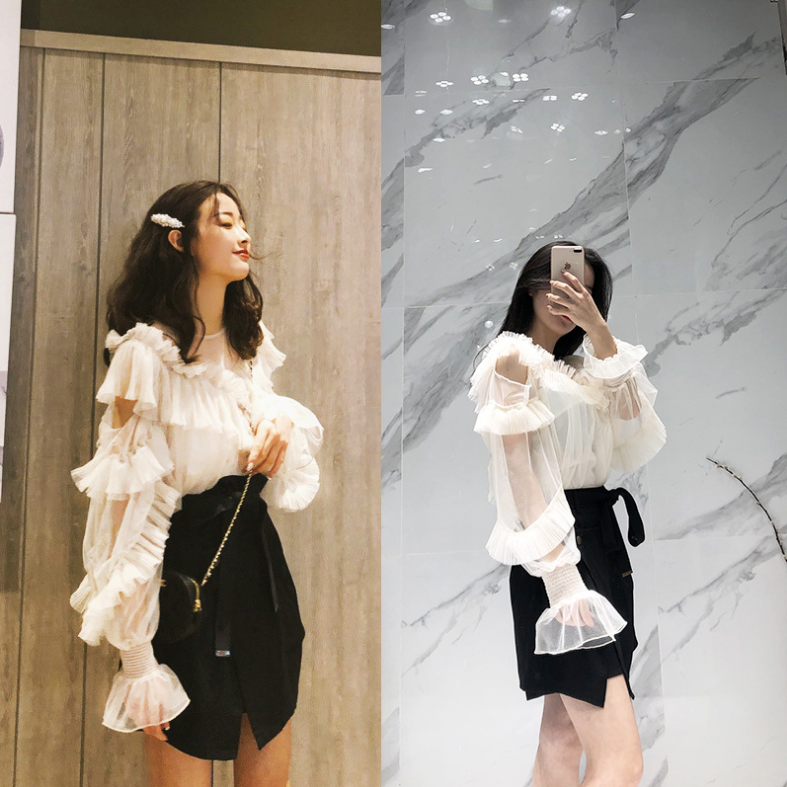 Ruffled tops slim skirt set
