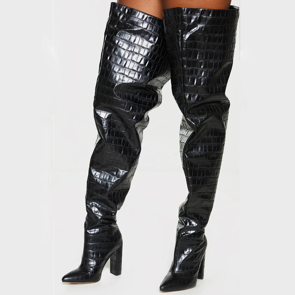 Chunky Heel Crocodile Pattern Over-the-knee Boots
