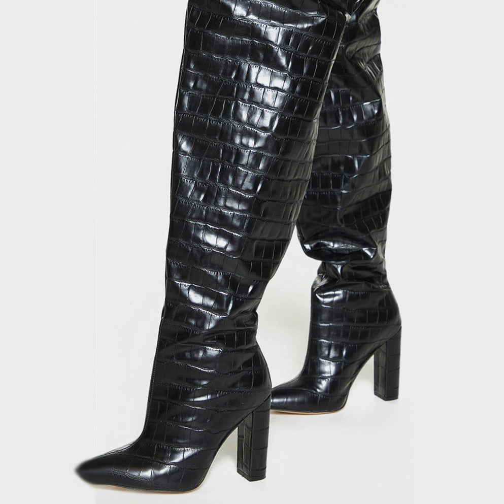 Chunky Heel Crocodile Pattern Over-the-knee Boots