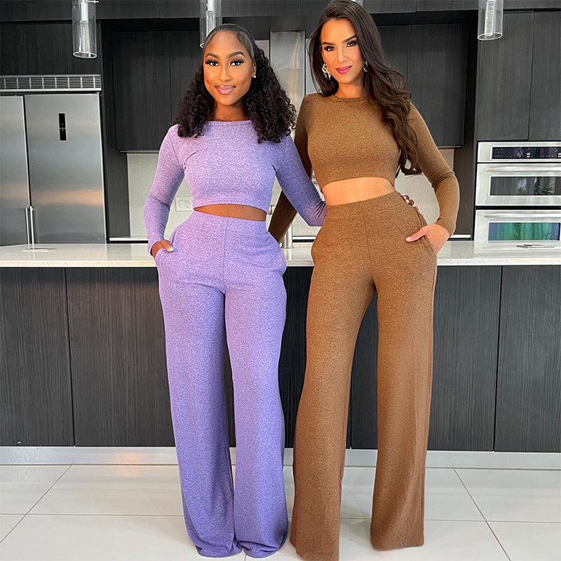 Cross-border Midriff-baring Long Sleeve Top And Trousers Suit