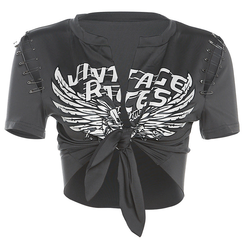 Women's Letter Digital Printed Low-cut Lace-up T-shirt