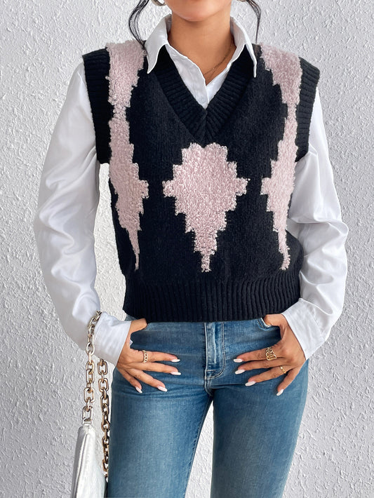 Autumn And Winter Simplicity Color Contrast Patchwork Diamond Lattice Pullover Vest Knitted Wool