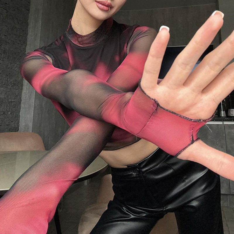 Hot Girl Slim Half Turtleneck Blooming Sleeves Sheer Top