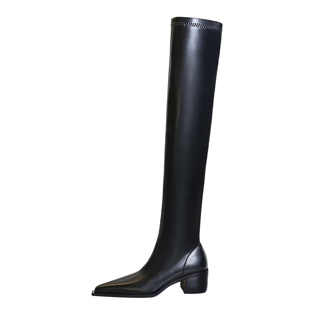 Simple Thick Heeled High Pointed Boots