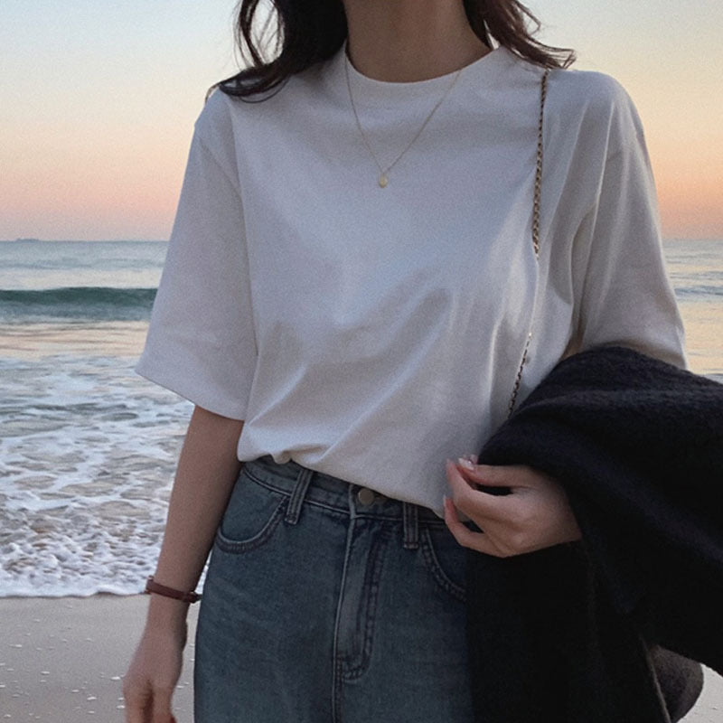 Women's Fashionable Back Letter Print Mid-length Casual Short Sleeve