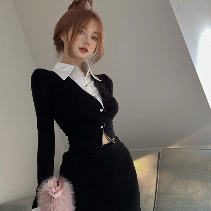 Fake Two-piece Long Sleeves Cropped Shirt