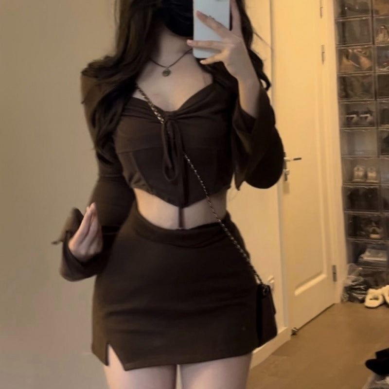 Top Long Sleeve Short Dress Young Wear Brown Two-piece Suit