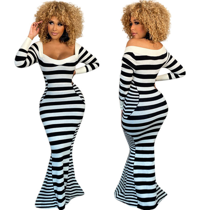 Autumn And Winter New Striped Sheath Long Dress