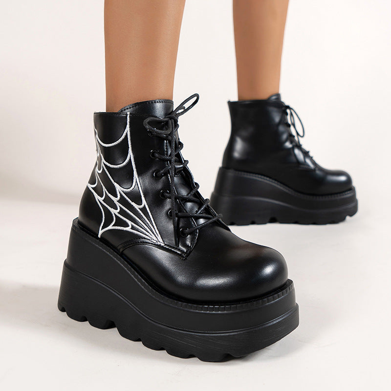 Platform Wedge Dr Martens Boots Autumn And Winter Spider Web Round Toe Lace-up Short Leather Boots