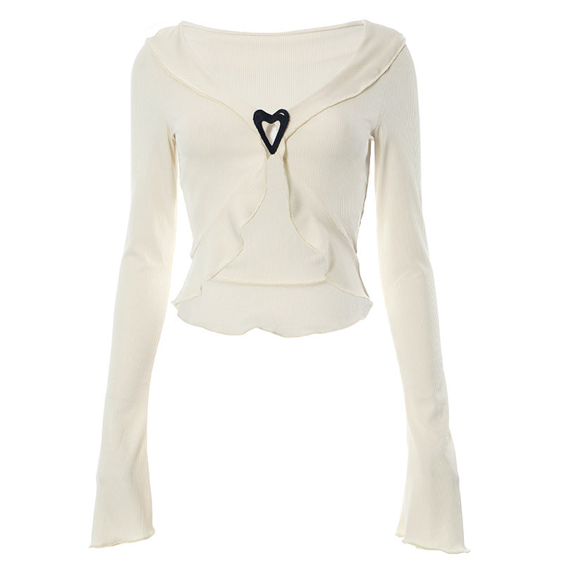 Pure Desire Style V-neck Hollow Wooden Ear Heart Buckle Top