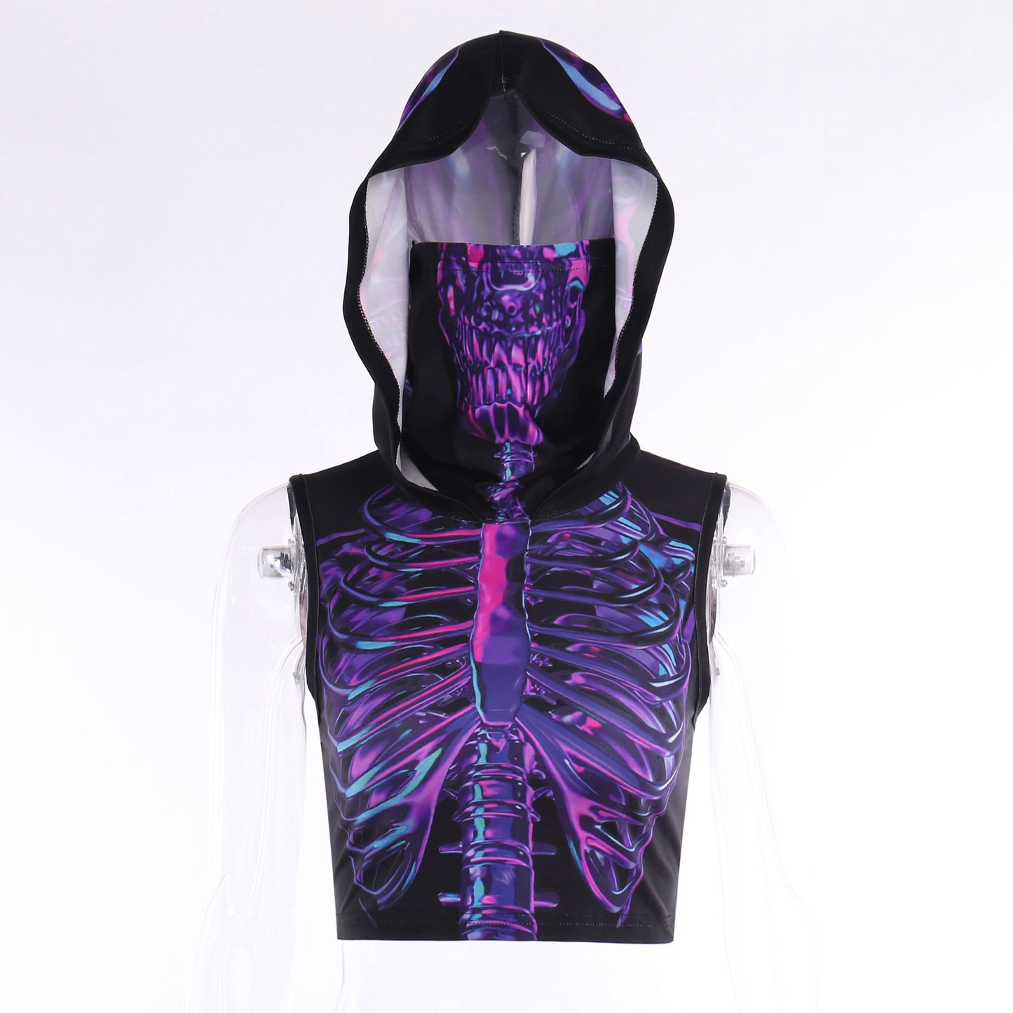 Wind Dark Hipster Turtleneck Hooded Skull Print Vest Top For Women