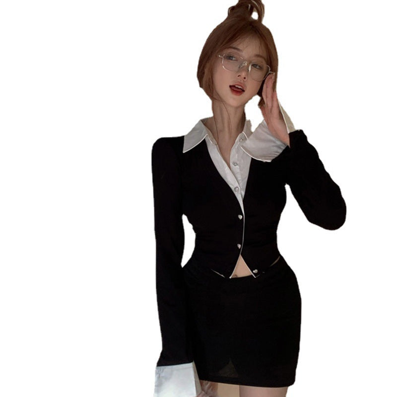 Fake Two-piece Long Sleeves Cropped Shirt