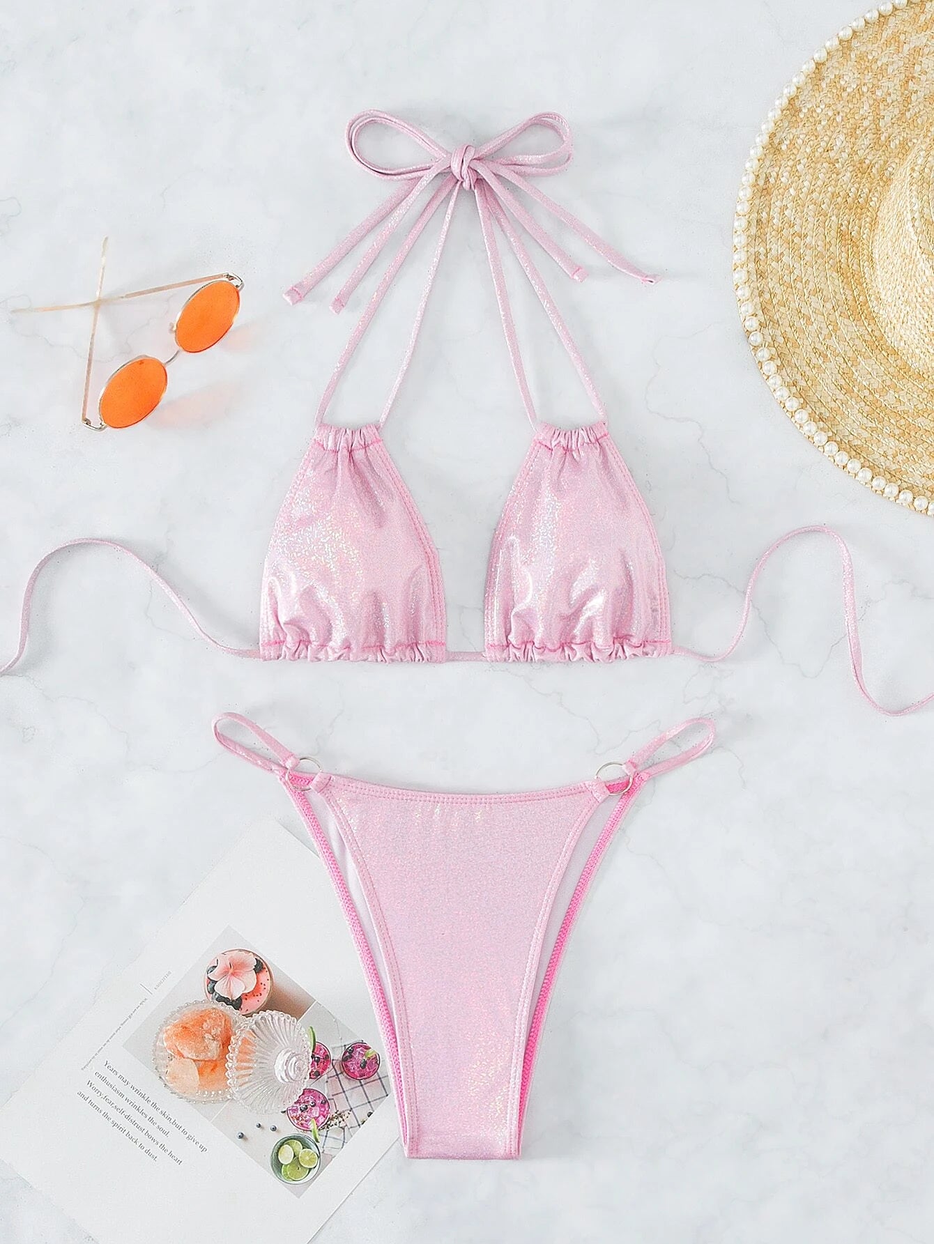 SHEIN Swim SXY Glitter Bikini Set Halter Micro Triangle Bra & Ring Linked Cheeky Bottom 2 Piece Swimsuit