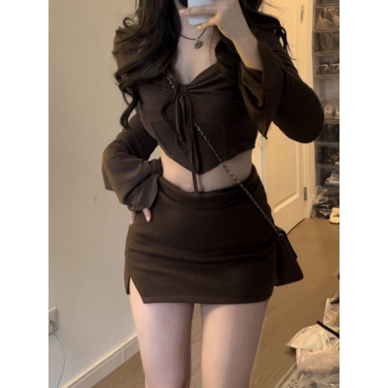 Top Long Sleeve Short Dress Young Wear Brown Two-piece Suit
