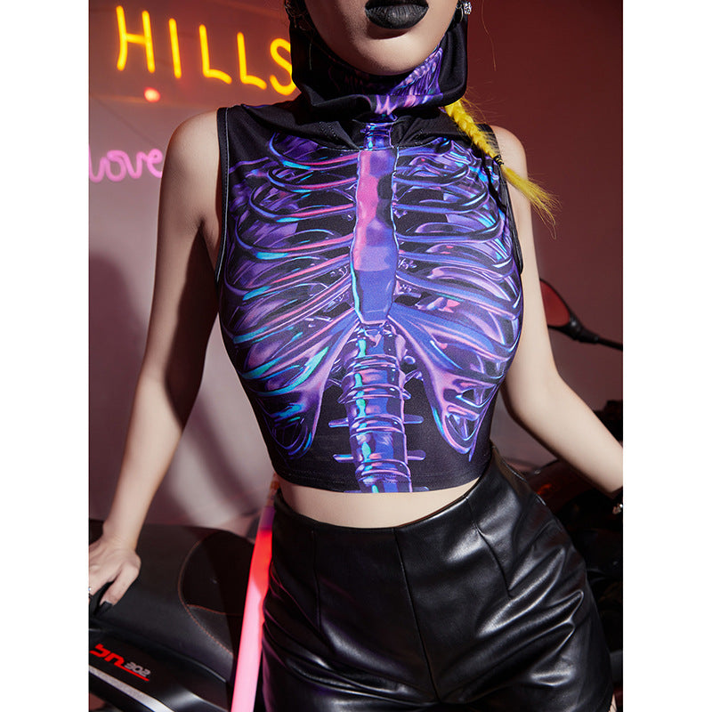 Wind Dark Hipster Turtleneck Hooded Skull Print Vest Top For Women