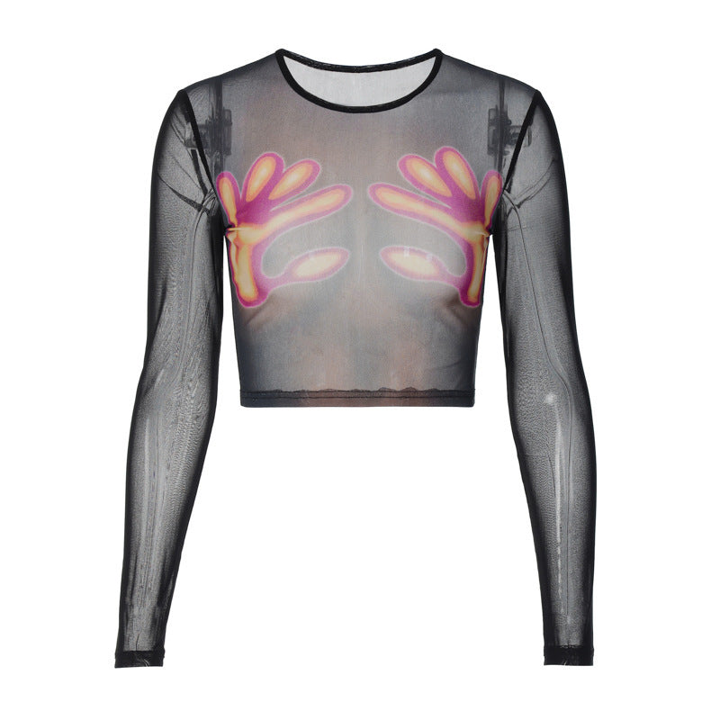 Printed Round Neck Long Sleeve See-through Mesh T-shirt Top
