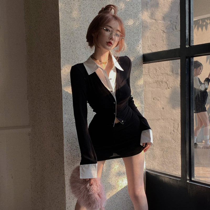 Fake Two-piece Long Sleeves Cropped Shirt