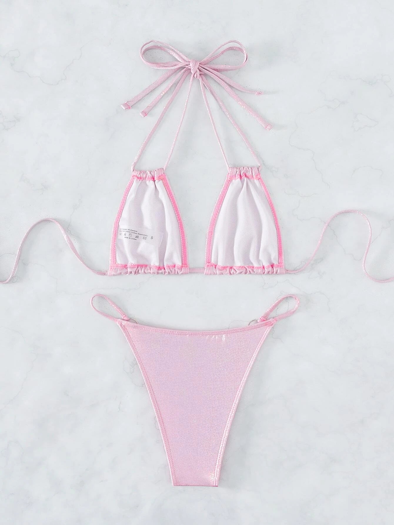 SHEIN Swim SXY Glitter Bikini Set Halter Micro Triangle Bra & Ring Linked Cheeky Bottom 2 Piece Swimsuit
