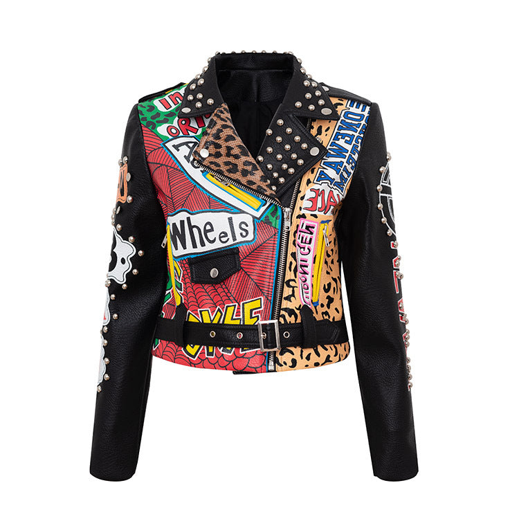 Chain Leather Jacket Printed Half Collar Stud Cropped Slim