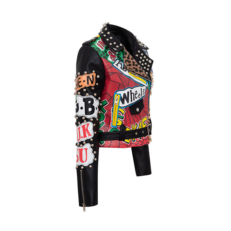 Chain Leather Jacket Printed Half Collar Stud Cropped Slim
