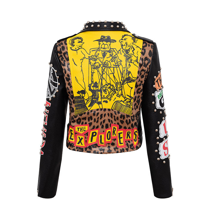 Chain Leather Jacket Printed Half Collar Stud Cropped Slim