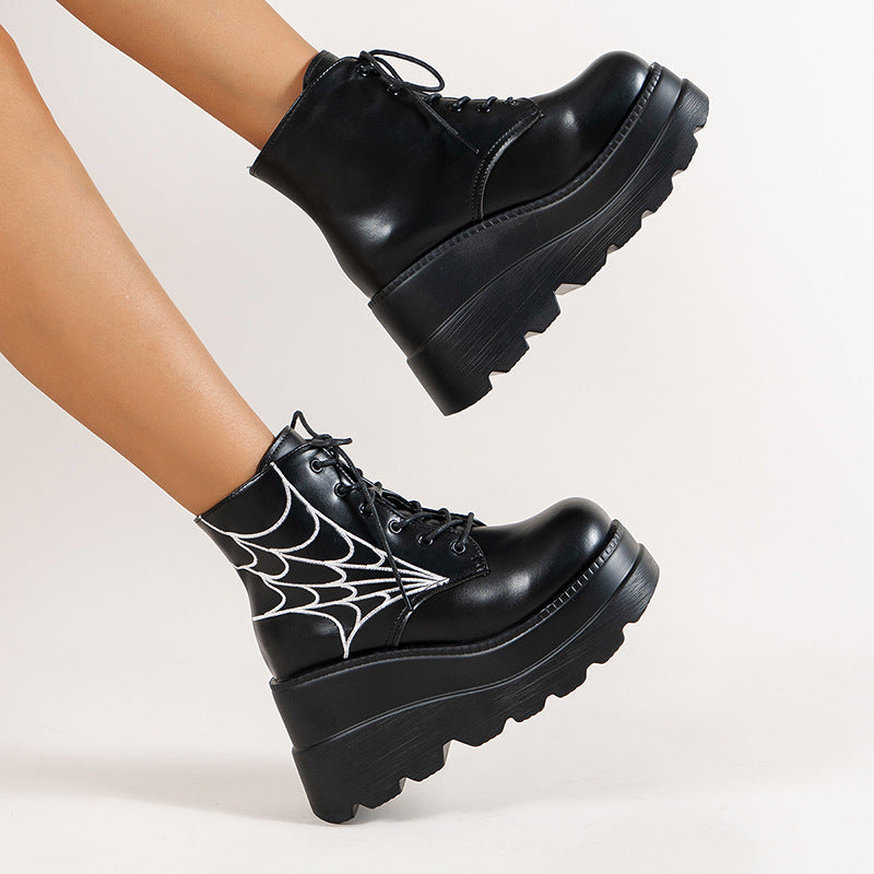 Platform Wedge Dr Martens Boots Autumn And Winter Spider Web Round Toe Lace-up Short Leather Boots