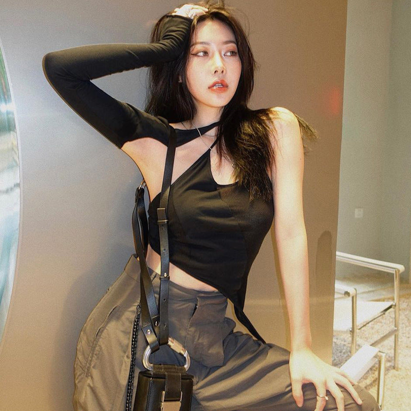 Hollow Irregular Single Sleeve Top Hot Girl Slim Fit Slimming T-shirt