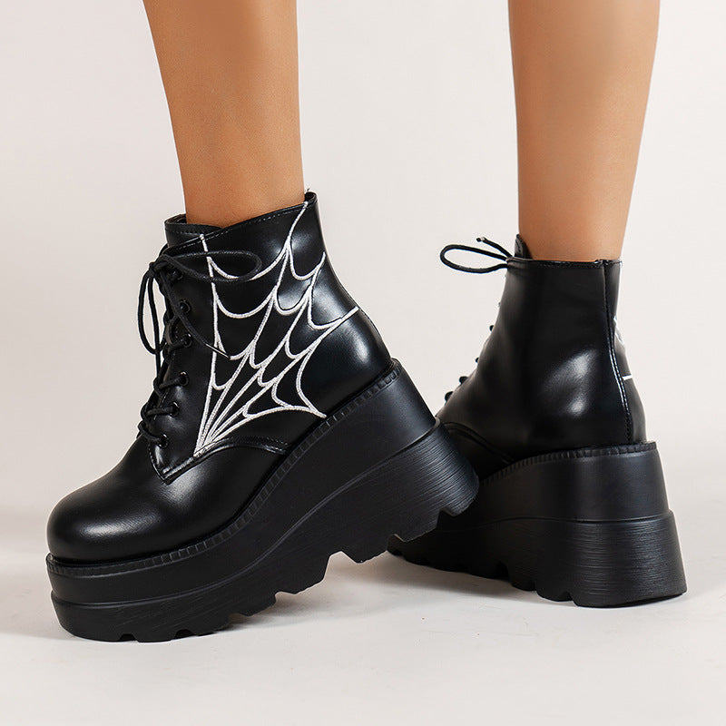 Platform Wedge Dr Martens Boots Autumn And Winter Spider Web Round Toe Lace-up Short Leather Boots