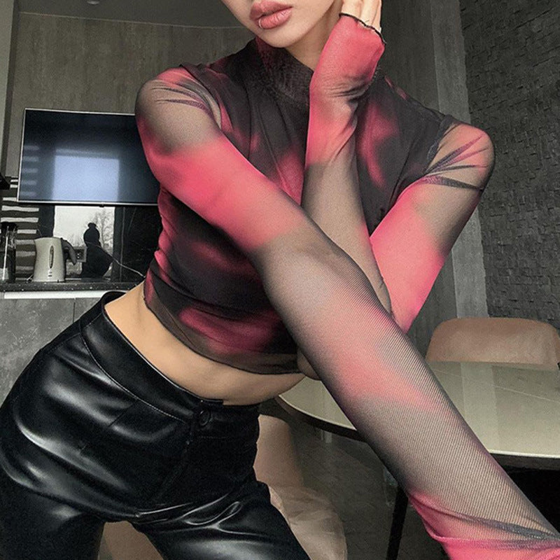 Hot Girl Slim Half Turtleneck Blooming Sleeves Sheer Top