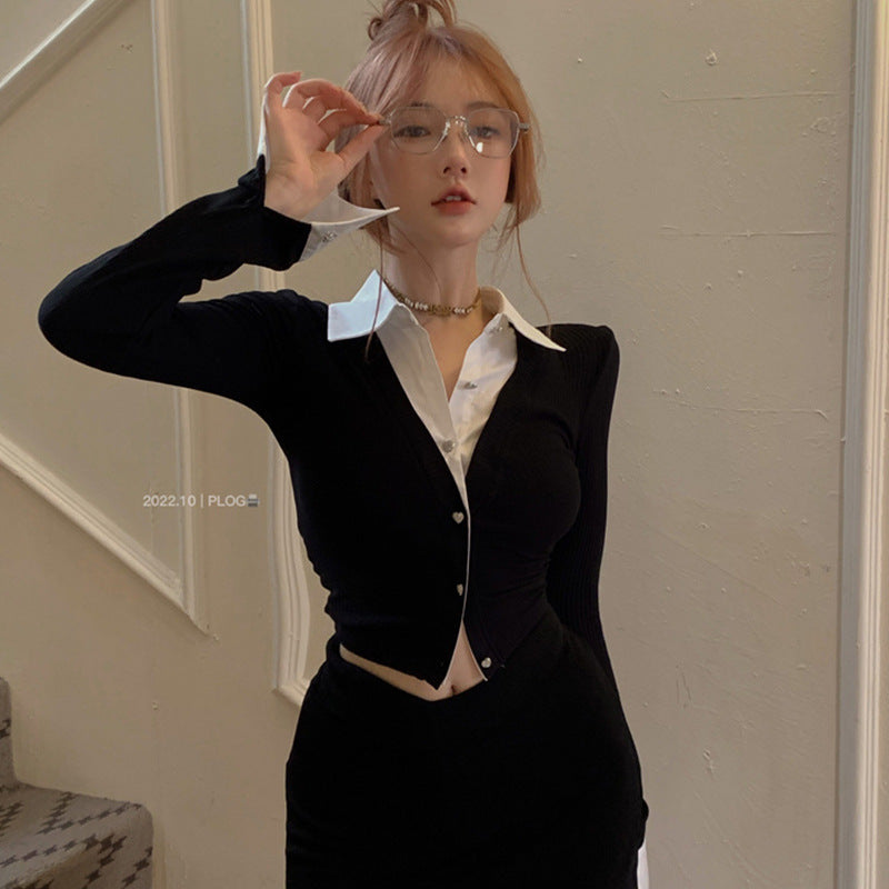 Fake Two-piece Long Sleeves Cropped Shirt