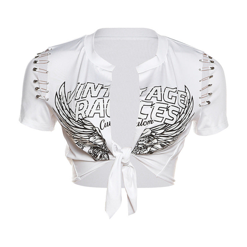 Women's Letter Digital Printed Low-cut Lace-up T-shirt