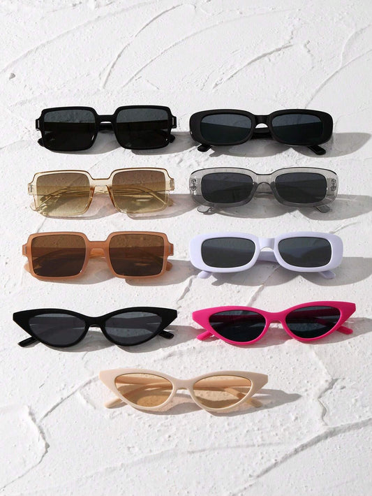 9Pcs Plastic Frame Geometric & Classic Sunglasses Combo, Summer Decoration Vintage Shades Beach Accessories
