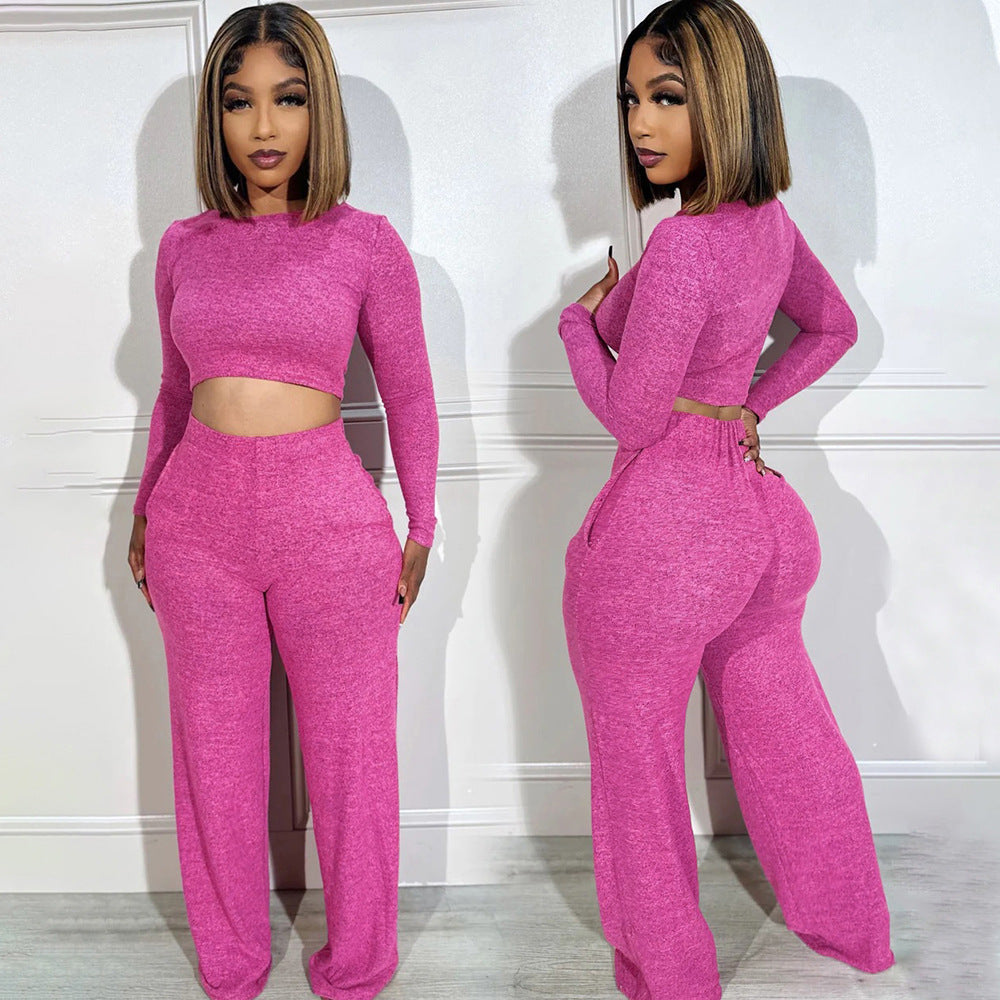 Cross-border Midriff-baring Long Sleeve Top And Trousers Suit