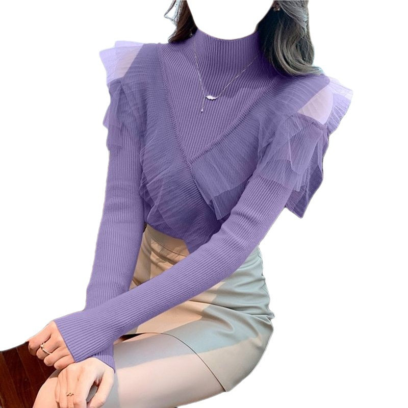 Women's Half-turtleneck Off-shoulder Sweater Mesh