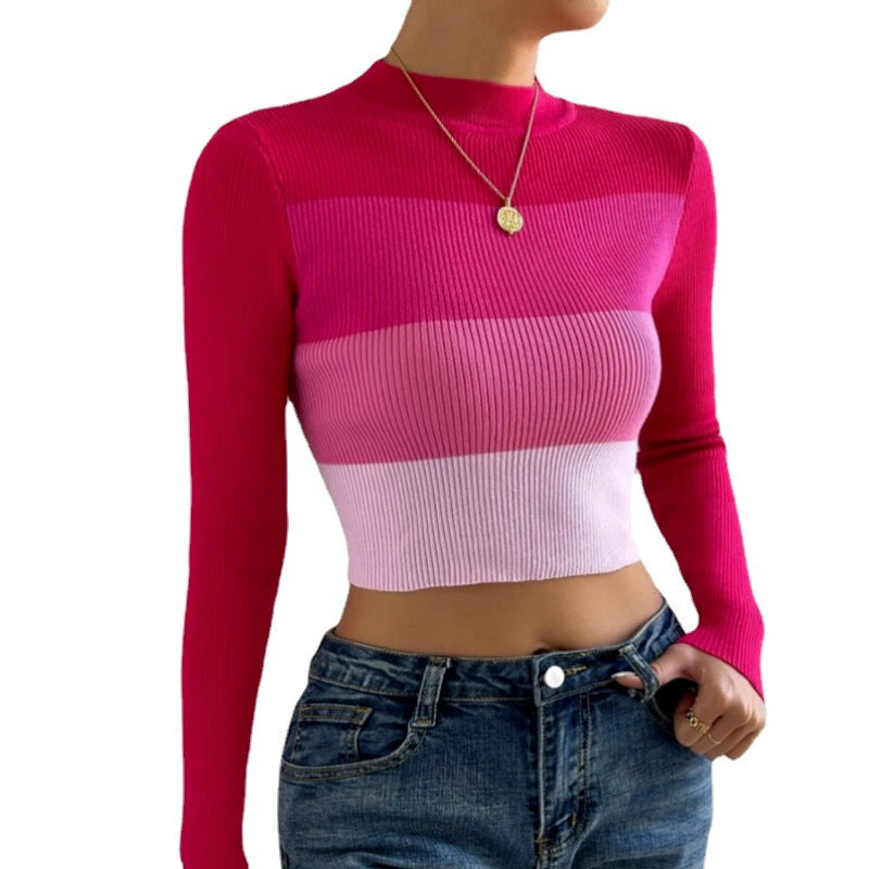 Women's Midriff-baring Sweater Striped Slim-fit Pullover Sweater