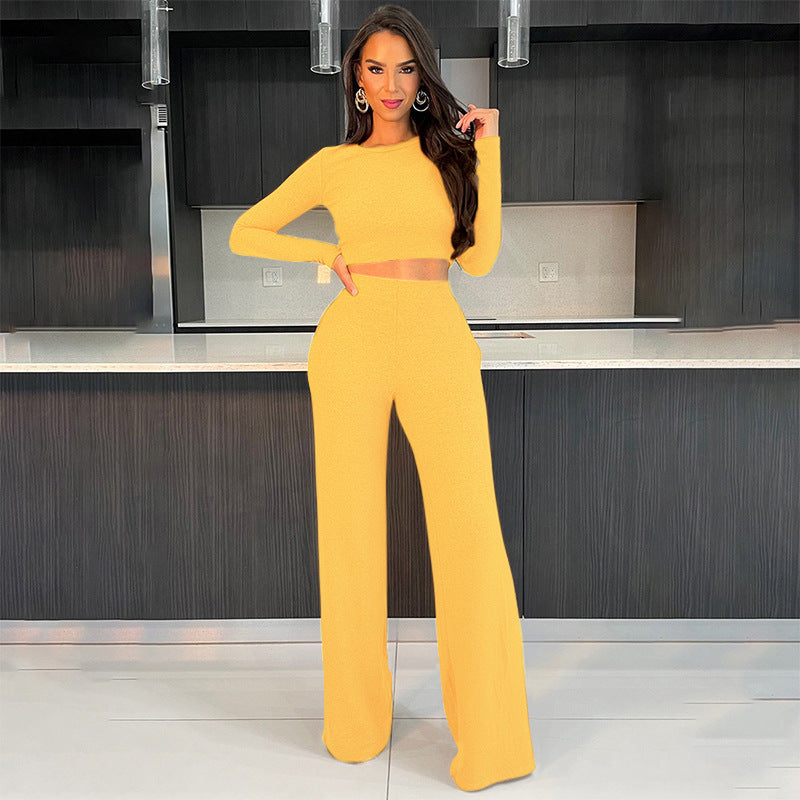 Cross-border Midriff-baring Long Sleeve Top And Trousers Suit