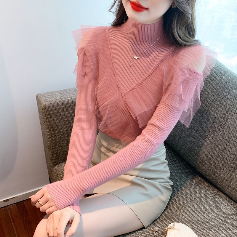Women's Half-turtleneck Off-shoulder Sweater Mesh