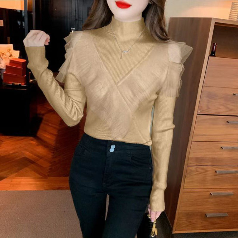Women's Half-turtleneck Off-shoulder Sweater Mesh