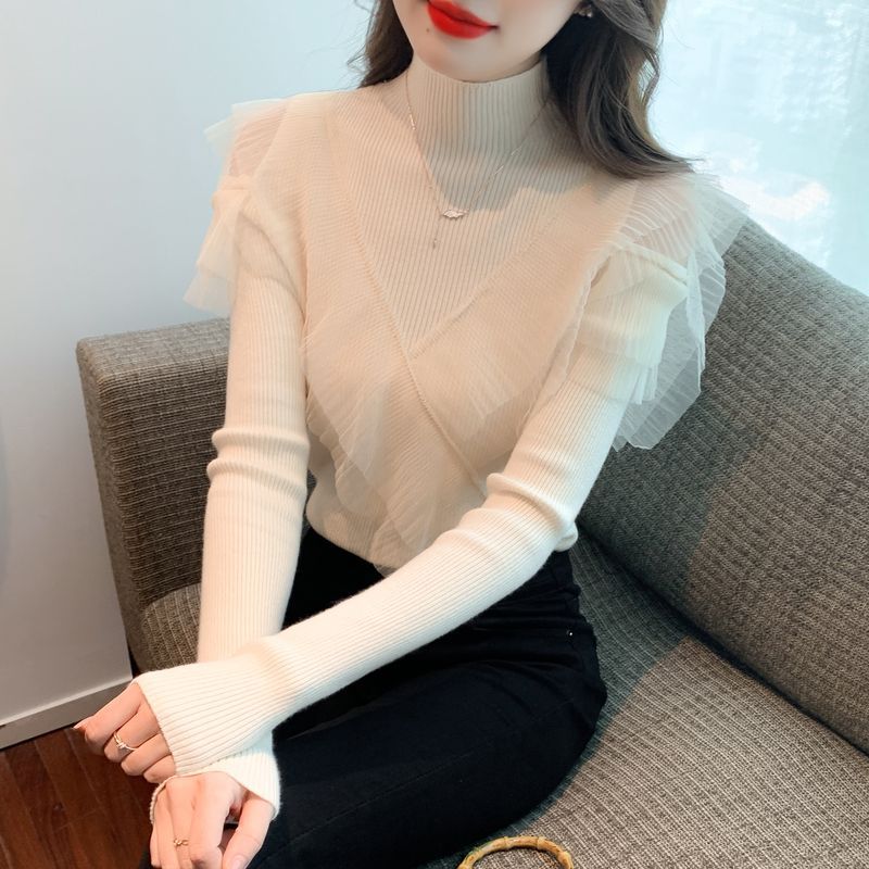 Women's Half-turtleneck Off-shoulder Sweater Mesh