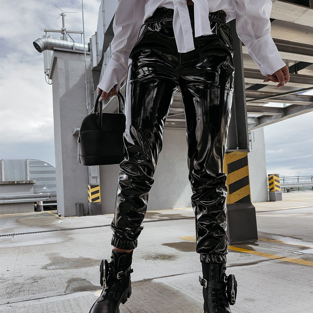 Super Bright PU Casual Women's Leather Sweatpants